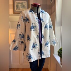 PATTY KIM Ivory Jacket with Navy Elephant Design Size Large